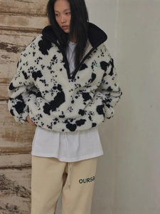 Damen Oversize-Hoodie mit Kuhmuster, halbem Reißverschluss und warmem Fleece-Futter