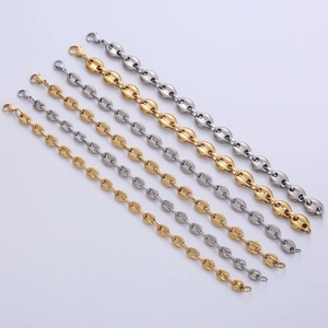 Hip hop coffee bean link bracelet in gold and silver steel, multiple widths and sizes