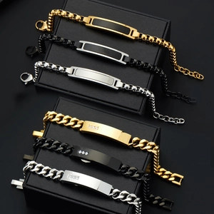 Men Stainless Steel ID Bar Bracelet 18K Gold Plated Cuban Chain With Rhinestones Fashion Jewelry Gift