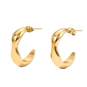 Polished gold wavy chunky C-shaped earrings with unique irregular texture design