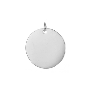Close-up of polished silver round stainless steel pendant with a small hanging loop