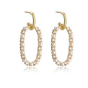 18K gold plated geometric earrings with pearls and clear zircon on a white background