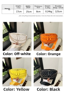 Detailed size chart and four-color display of quilted PU crossbody bags with chain decor