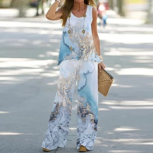 Ensemble d'été deux pièces pour femmes avec haut sans manches et pantalon large imprimé bleu