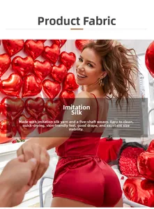 Red silk-like satin loungewear set with heart balloons background for festive atmosphere