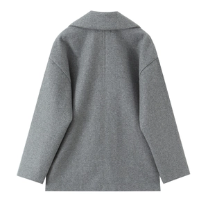 Back view of classic grey wool coat with lapel collar and mid-length minimalist design