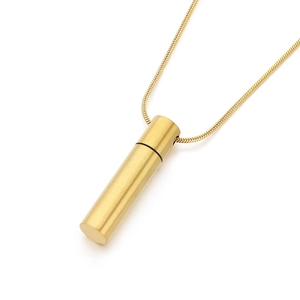 Gold cylindrical stainless steel necklace with brushed finish perfume bottle pendant