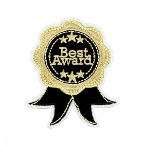 Embroidered black and gold medal patch with Best Award text for graduation apparel decor
