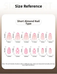 Size guide for short almond press-on nails showing 24 pieces in 12 different widths