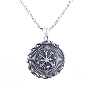 Close-up of vintage silver Vegvisir compass pendant with intricate rope texture and box chain
