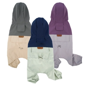 Waterproof hooded pet raincoat for small dogs in grey, navy, and purple colorways