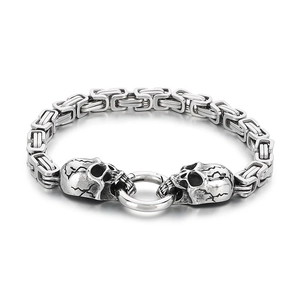 Vintage punk skull bracelet in silver steel with byzantine chain and ring closure