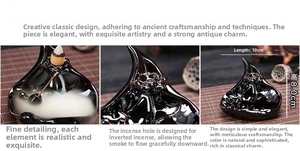 Detail view showing ceramic backflow incense burner dimensions and smoke effect