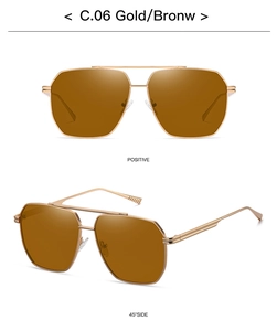 Macro detail of gold geometric aviator sunglasses with brown polarized lenses