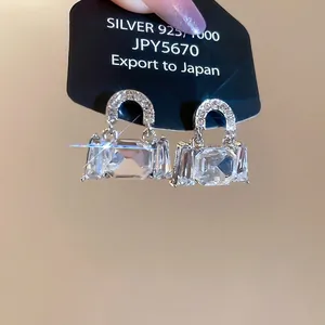Sparkling S925 silver square handbag earrings with pavé crystals and drop charm style