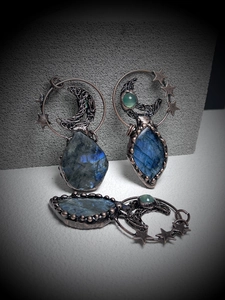 Detailed wire wrapped moon and star pendants with labradorite and green chalcedony