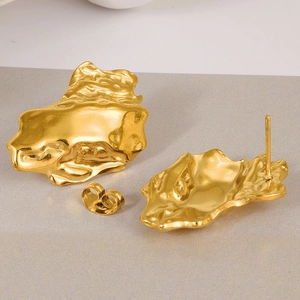 Exaggerated 18K gold 304 stainless steel punk earrings with irregular abstract metal texture