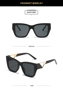 Detailed front and side views of black square sunglasses with gold triangle temples