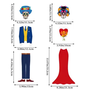 Size chart for Day of the Dead skeleton groom and bride hanging decorations with dimensions