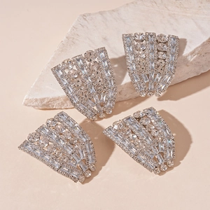 Luxurious silver geometric fan earrings with sparkling cubic zirconia set on natural stone