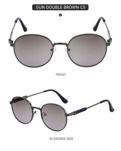 Detailed front and 45-degree side view of gunmetal round frame sunglasses with brown lenses