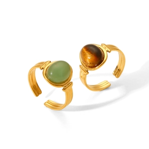 Vintage French style stainless steel open rings featuring natural tiger eye stone