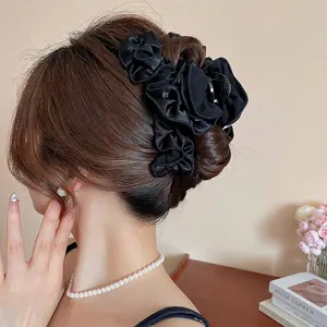 Elegant black pleated fabric shark hair clip for women, French vintage satin hair accessory