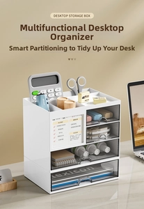 Close-up of minimalist white desk organizer with transparent drawers and multi-tier compartments