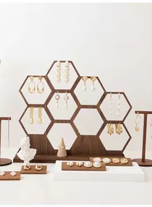 Retro walnut hexagon wooden honeycomb earring display stand with gold jewelry