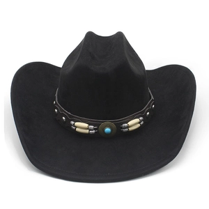 Detail of black suede cowboy hat with turquoise star buckle and bone bead accents