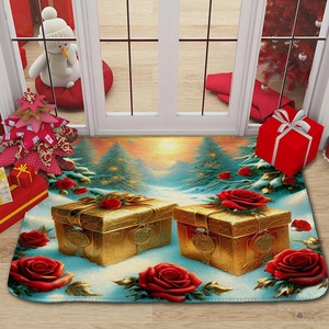 Detail of Christmas flannel mat showing golden gift boxes and a snowy forest scene
