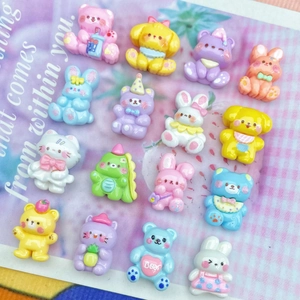 Mini glitter resin cartoon animal charms featuring bears and rabbits on a plaid card