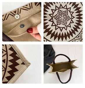 Detail collage of linen tote bag showing magnetic clasp, geometric pattern and interior