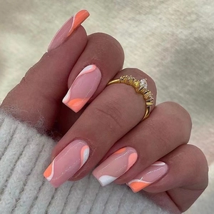 Press On Nails Abstract Wave Pattern Orange Pink White Splice Long Coffin False Fingernails For Women Elegant Manicure
