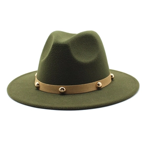 Detail of dark green fedora hat featuring a brown band with gold dome stud accents