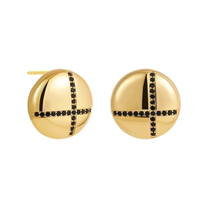 Detail of 18K gold circular earrings featuring a black zircon cross inlay design