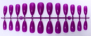 Macro view of bright purple almond-shaped press-on nails with a glossy finish 24pcs set