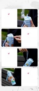 Detail of blue kid's water bottle showing leak-proof straw and safety lock mechanism