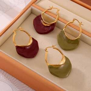 French retro gold-plated hoop earrings with dark red and olive green enamel inlays