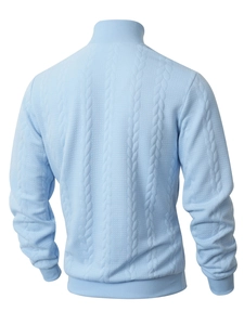 Detail view of light blue cable knit sweater showing textured pattern and ribbed hem