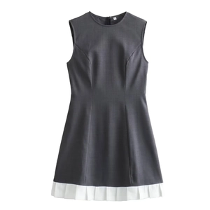 Minimalist sleeveless round neck dress in dark grey with pleated white hem detail