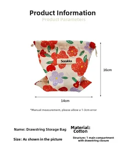 Floral cotton drawstring pouch measuring 14x16cm with elegant botanical pattern