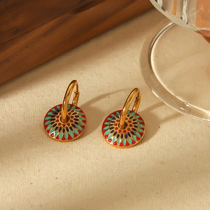 Enamel Flower Dangle Hoop Earrings 18K Gold Plated Stainless Steel Bohemian Retro Ethnic Painted Jewelry For Women