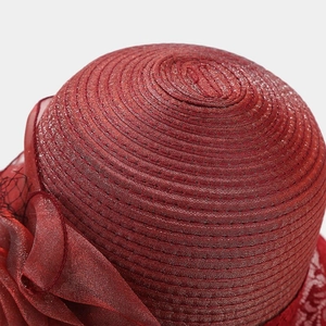 Elegant burgundy organza sun hat with oversized floral mesh decor for summer occasions