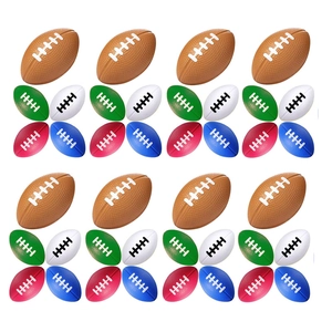 Macro shot of assorted multi-color foam PU stress relief footballs in a variety set
