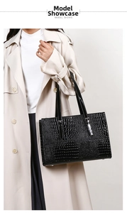 Detail of black crocodile texture handbag styled with beige trench coat for office commute