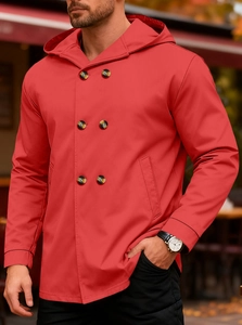 Detail of red slim fit men's hooded trench coat showing bright color and smooth texture
