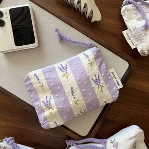 Floral embroidered purple lavender canvas coin purse with zipper and simple wish label