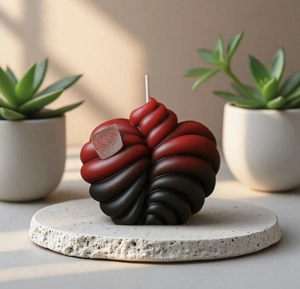 Détail macro d'une bougie spirale en forme de cœur avec dégradé rouge et noir plissé