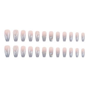 Pink and grey gradient press-on nails set with silver cat charms and sparkling rhinestones